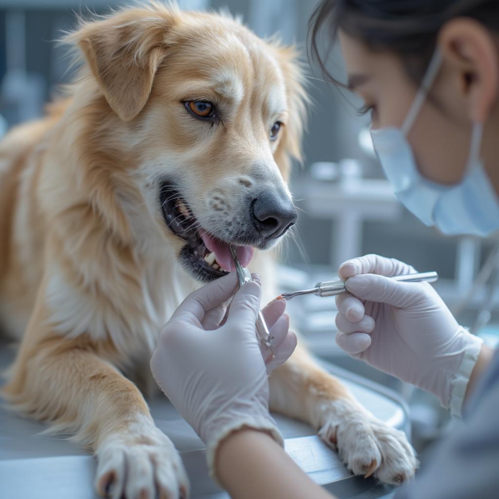 Veterinarian examining a dog's teeth to diagnose the cause of bad breath