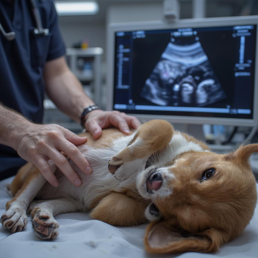 Veterinarian conducting an ultrasound examination on a pregnant dog