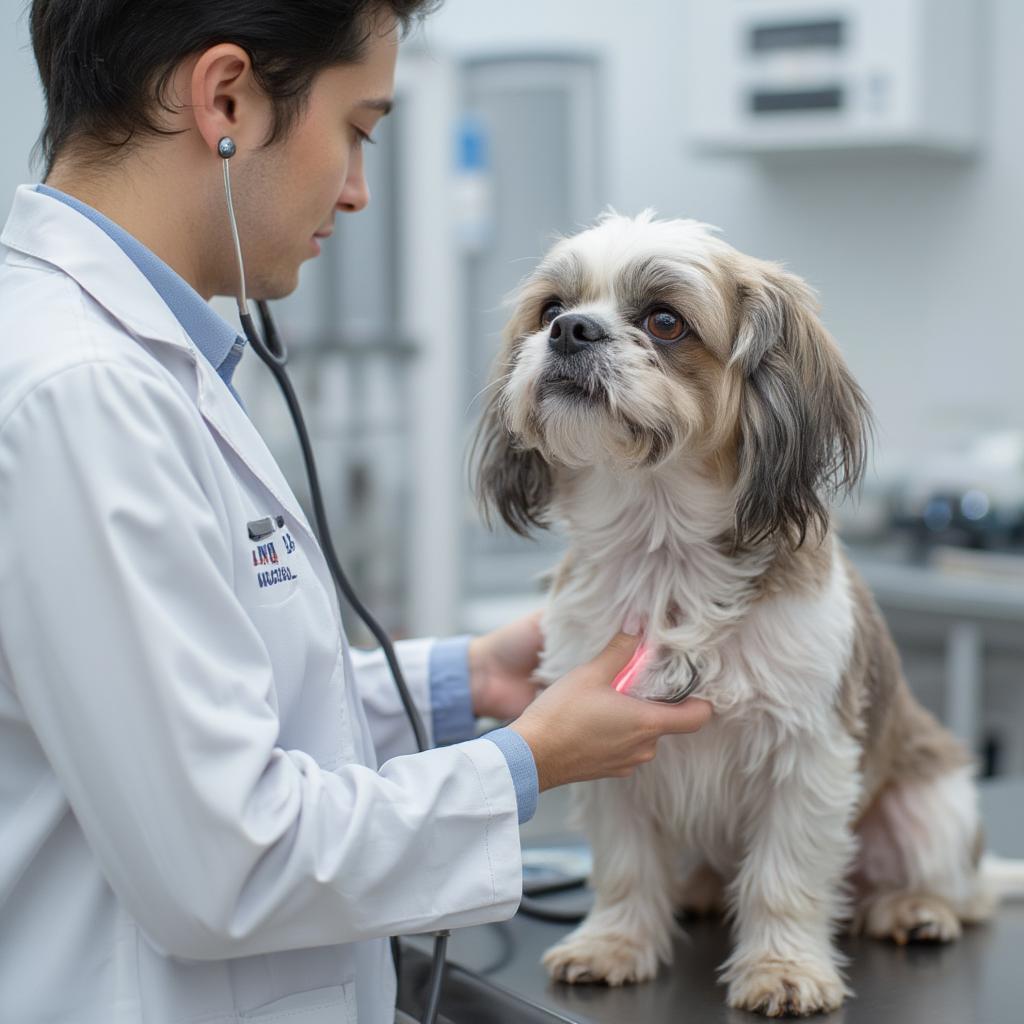 A veterinarian examining a Shih Tzu during a routine checkup.