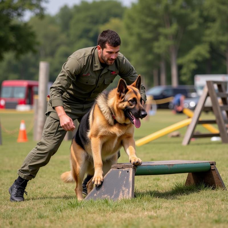 Image of a war dog undergoing training exercises with its handler.