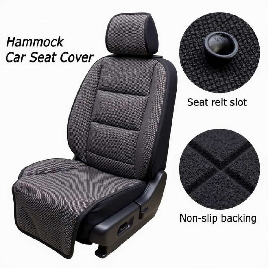 Close-up of a waterproof and durable hammock style dog car seat cover, highlighting its material and features.