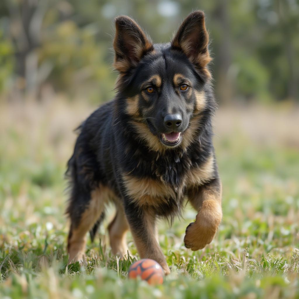 An adult West German Working Line German Shepherd enthusiastically retrieves a ball during a game of fetch.