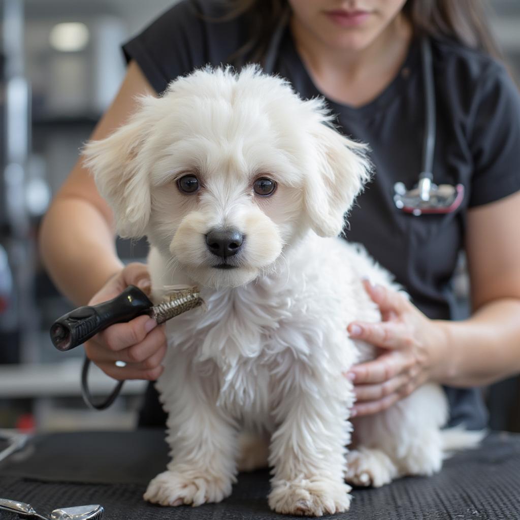 White Toy Poodle Puppy Getting Groomed