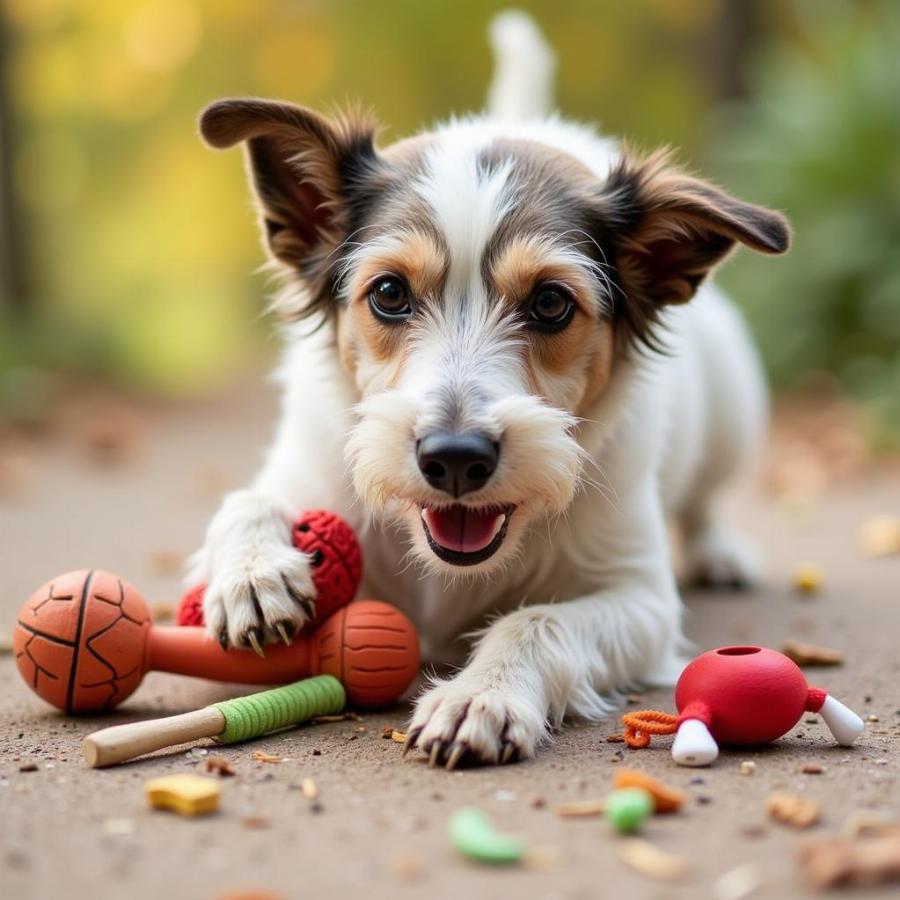 Wire Haired Rat Terrier Playing with Toys