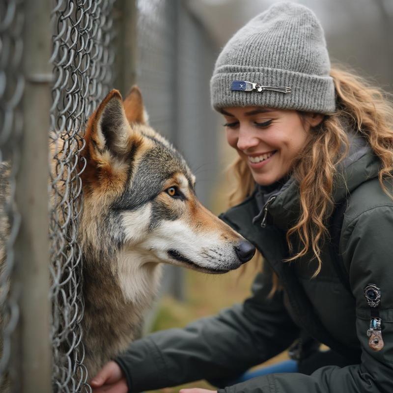 Woman Volunteering at a Wolf Sanctuary