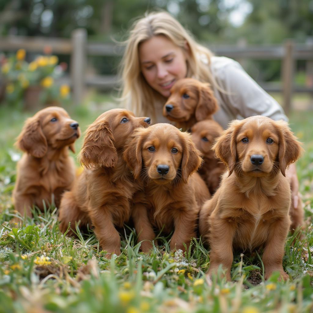 Working Irish Setter Puppies Playing with Breeder