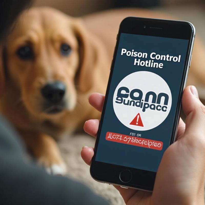 Worried dog owner checking phone for poison control information