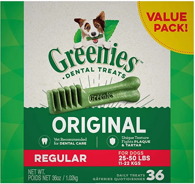 A bag of Greenies Regular Dental Treats for dogs, shaped like toothbrushes to combat plaque and freshen breath.