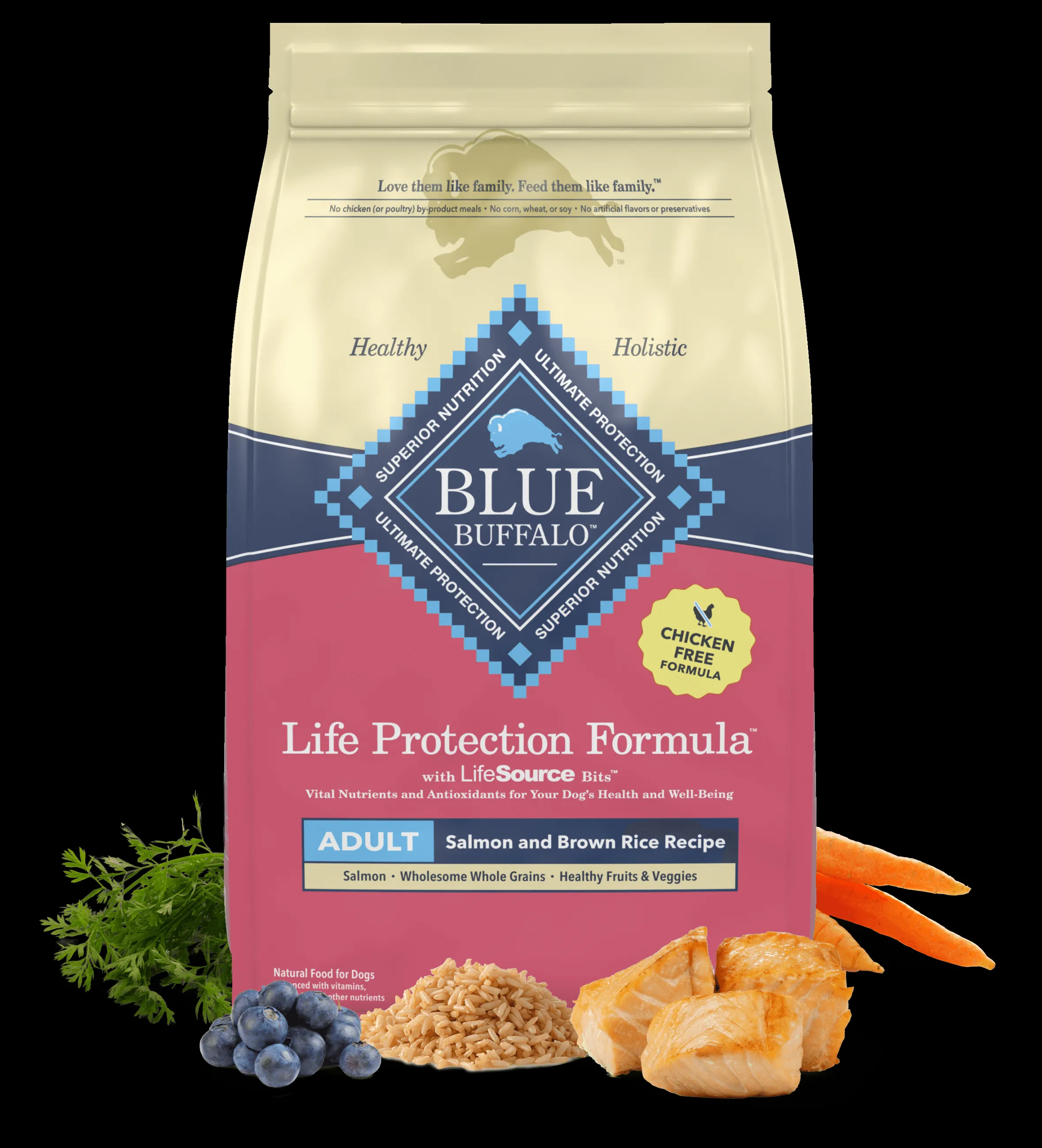 A bag of Life Protection Formula dry dog food is surrounded by fresh parsley, blueberries, grains, salmon fillets and carrots.
