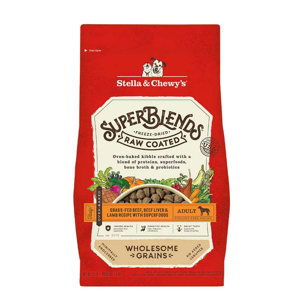 A bag of Stella and Chewy's Superblends Raw Coated Kibble dog food