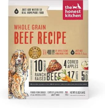 A bag of The Honest Kitchen dehydrated dog food, a human-grade option often recommended for dogs with sensitive digestion.