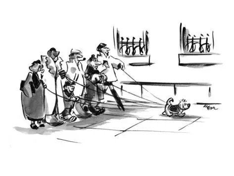 A black and white New Yorker cartoon shows a woman talking to a dog walker on a busy street with many dogs, titled 'New Yorker Cartoon by Lee Lorenz'