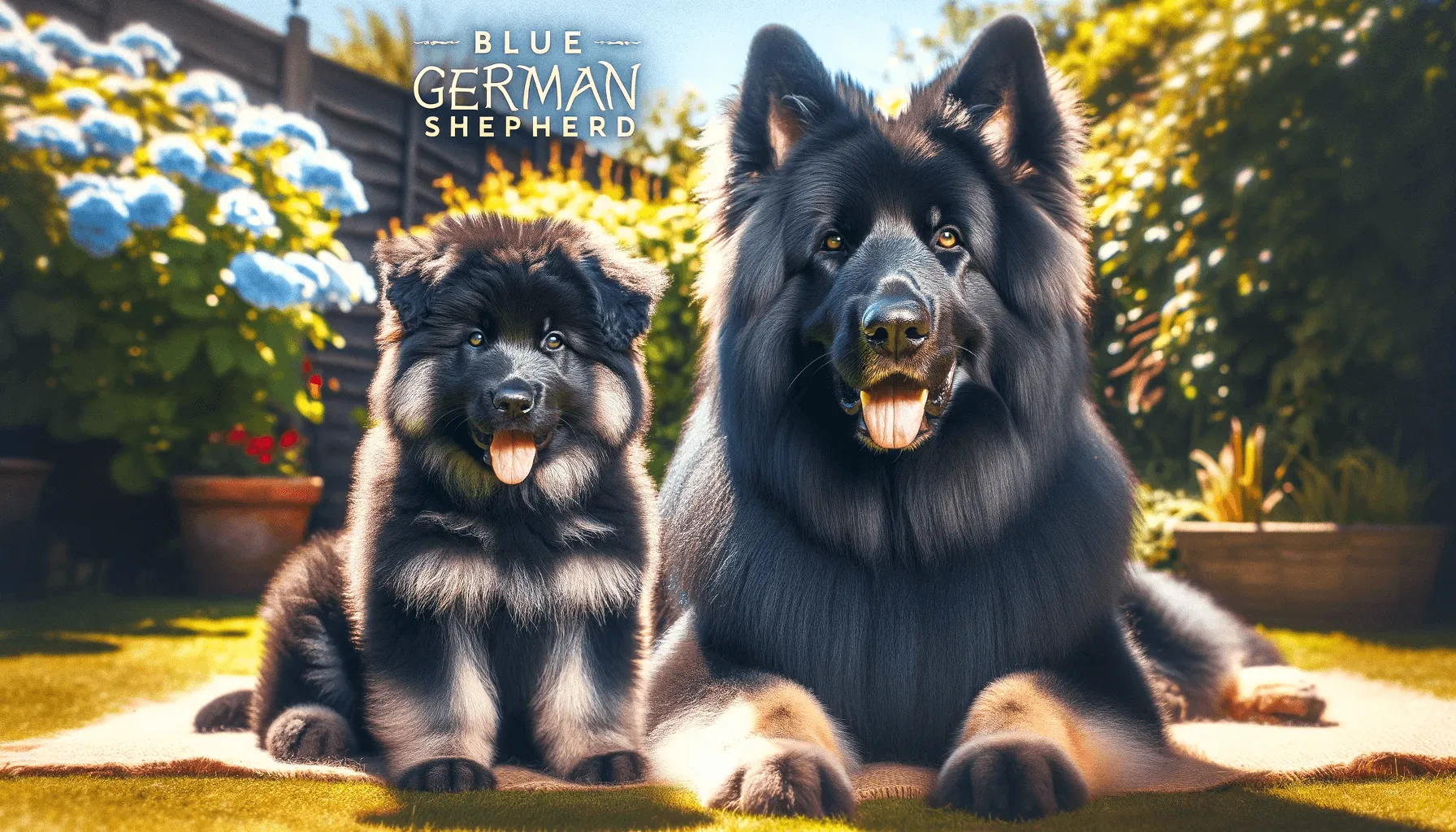A Blue German Shepherd puppy and its parent in an outdoor setting with luxurious dark coats and bright expressions.