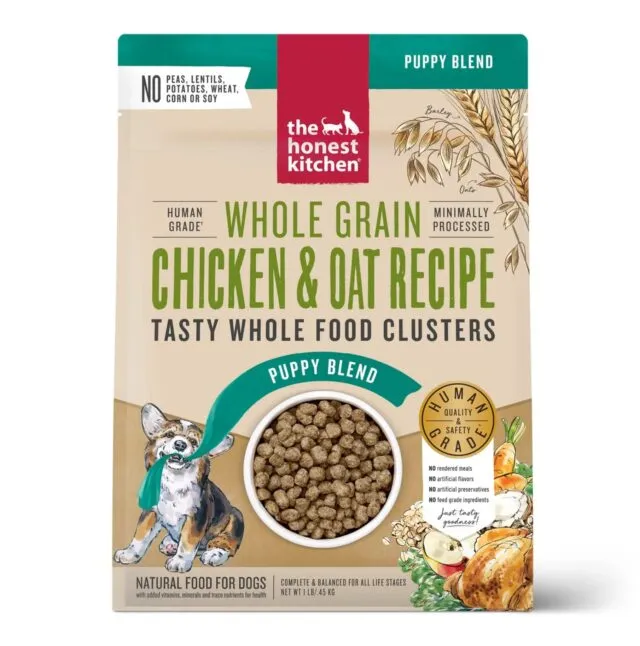 A bowl of high-quality dry kibble puppy food