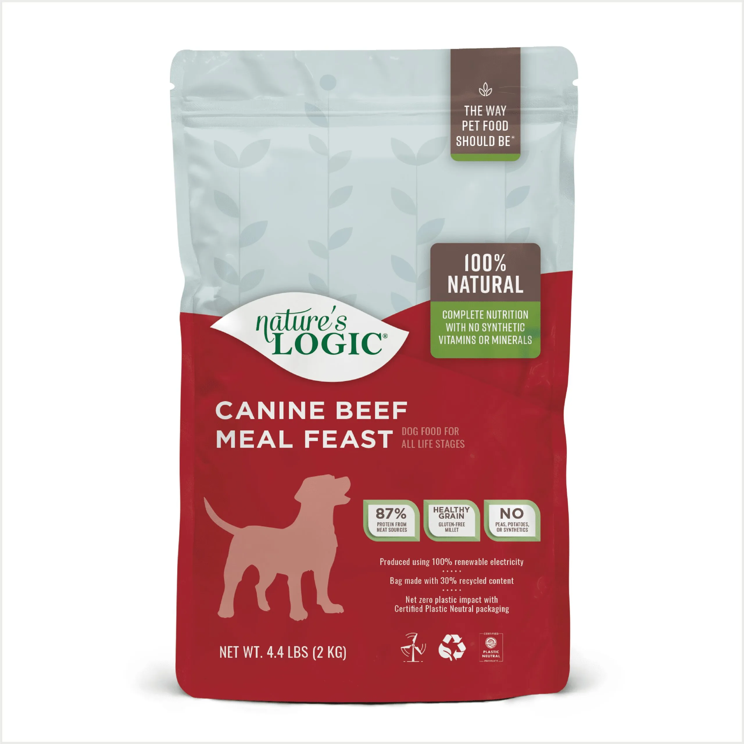 A bowl of Nature's Logic dry dog food with fresh ingredients like carrots and blueberries around it.