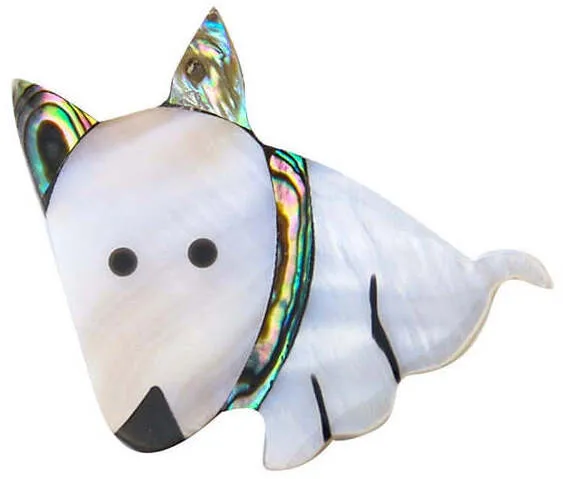 A Bull Terrier brooch made of abalone shell in the most adorable sitting Bull Terrier design.