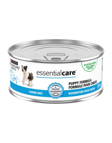 A can of Purina Pro Plan Veterinary Diets EssentialCare Puppy Canine Formula, a wet dog food product.