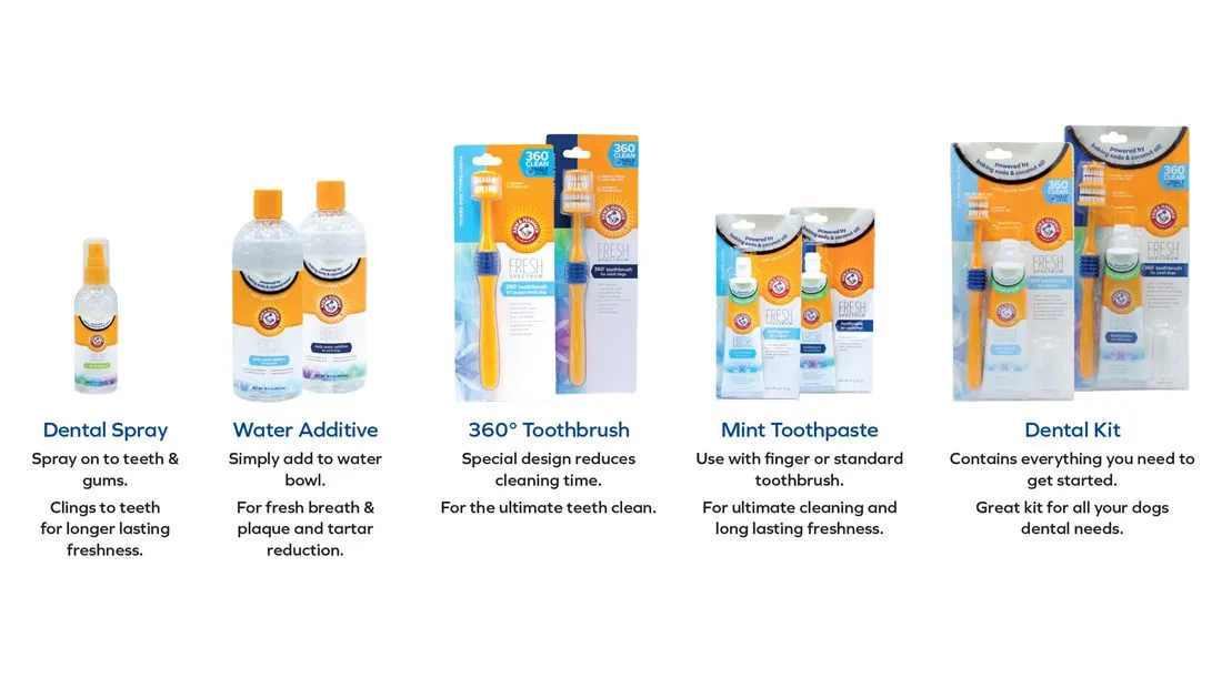 A collection of Arm & Hammer dental care products for dogs, showcasing various packaging and options