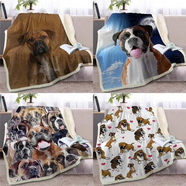 A collection of soft and warm blankets adorned with various Boxer dog designs