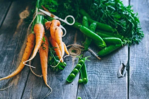 A colorful assortment of dog-safe vegetables, including carrots and green beans, arranged on a kitchen table.