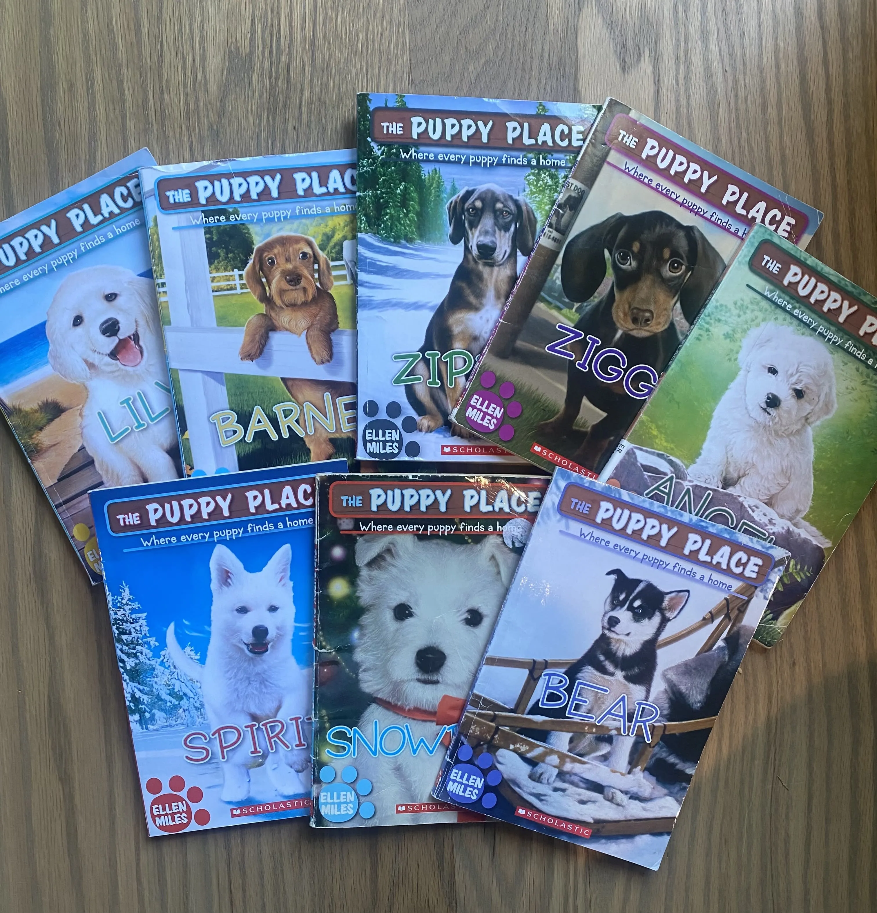 A colorful collection of 'The Puppy Place series' books by Ellen Miles, showcasing multiple covers with different dog breeds for young readers.