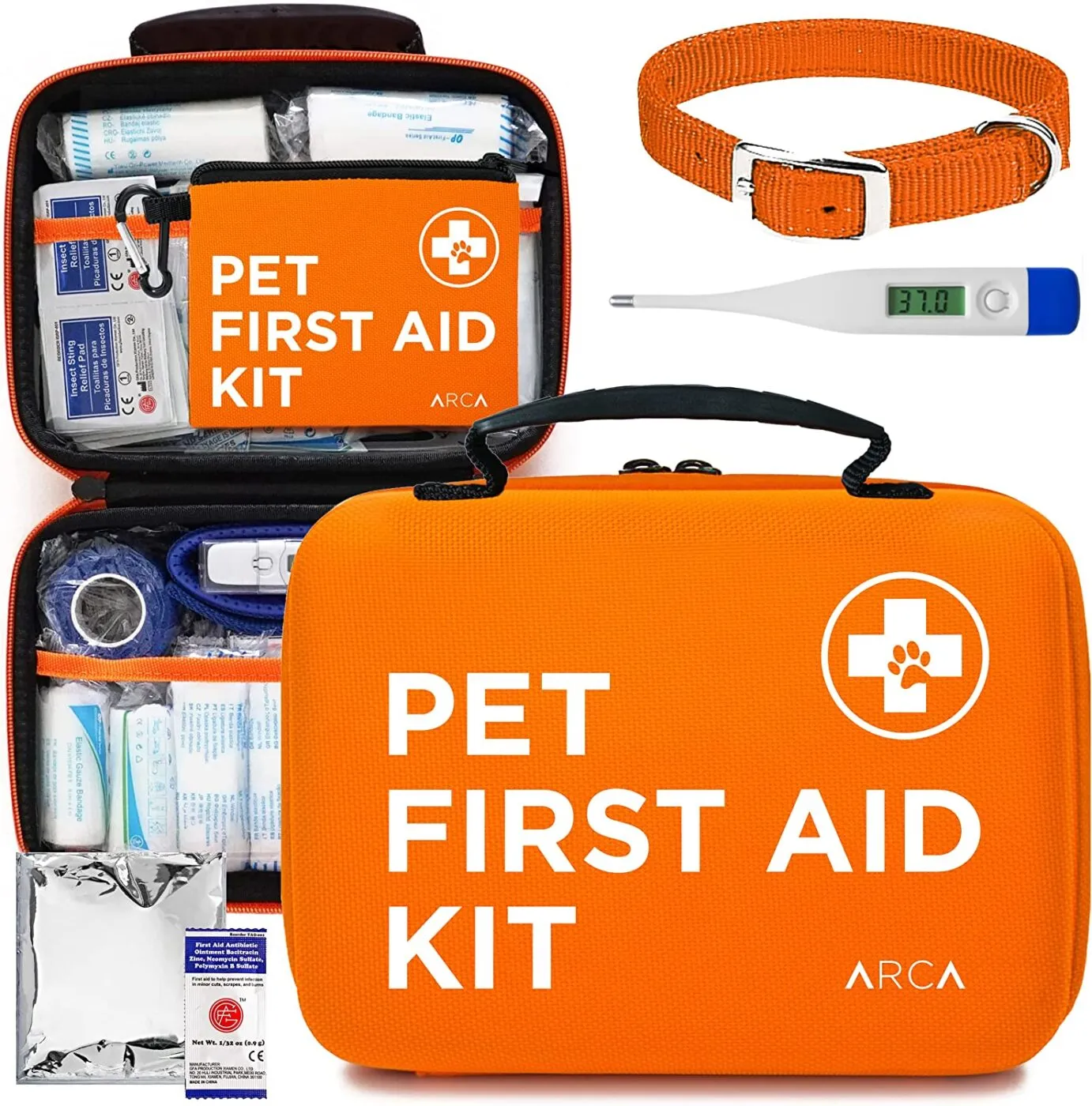 A comprehensive pet first aid kit with various supplies