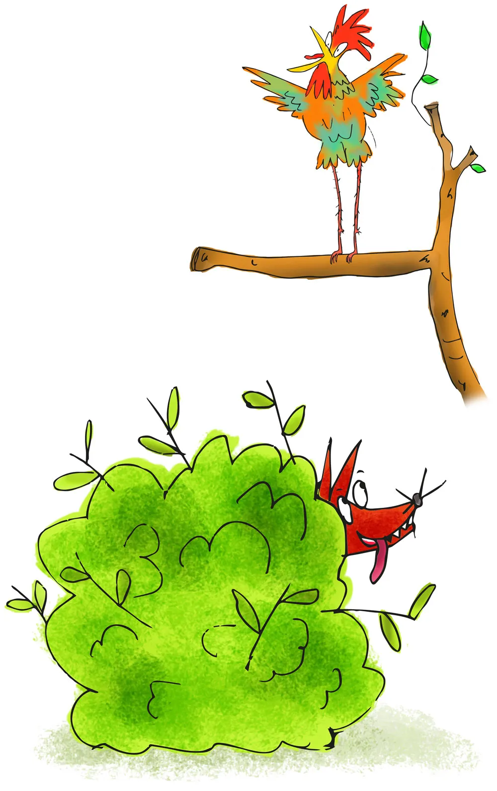 A cunning fox peeks from a green bush, observing a rooster perched high on a tree branch in a woodland setting.