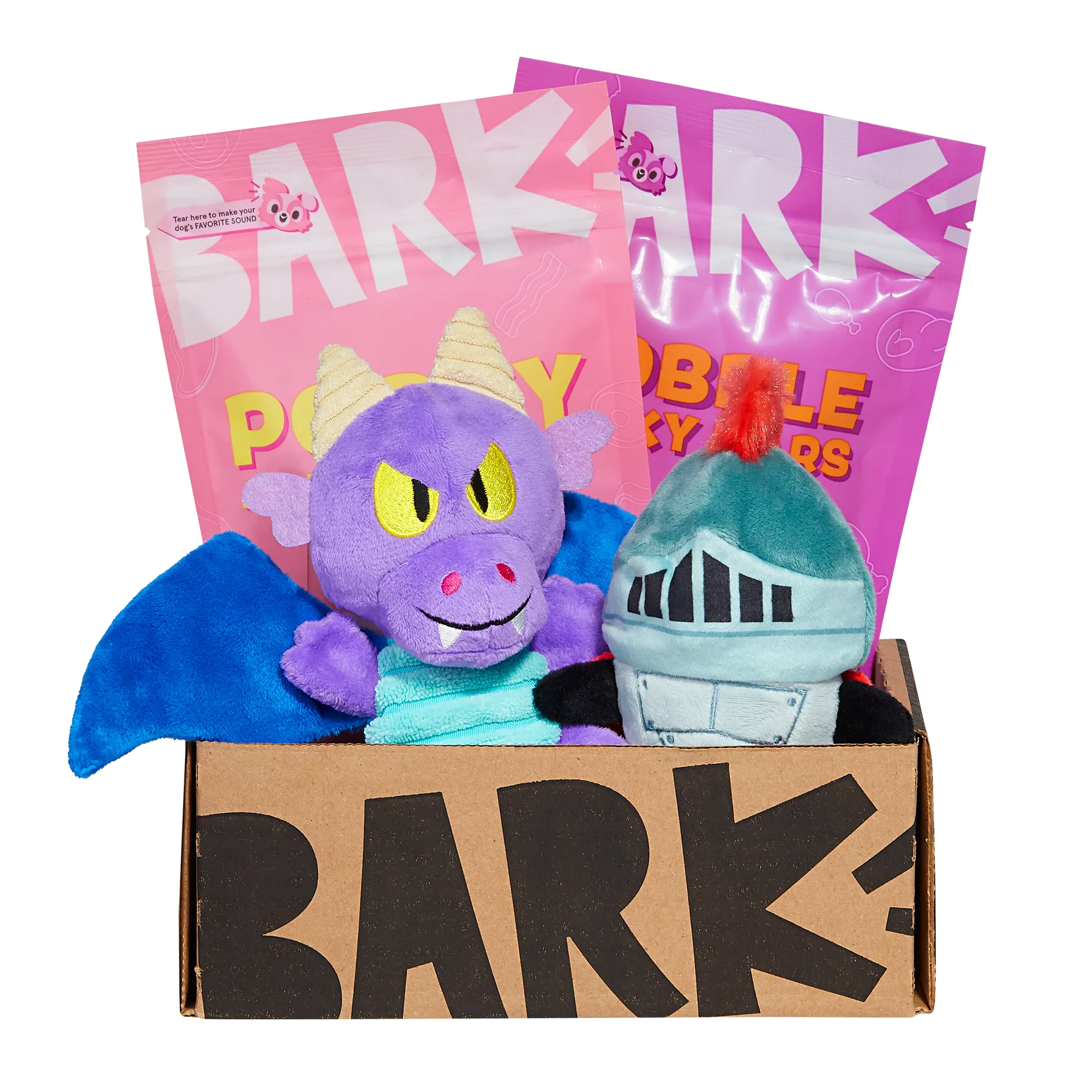 A curated BarkBox brimming with soft stuffed dog toys, tasty treats, and a natural chew, representing a monthly surprise package for canine companions.