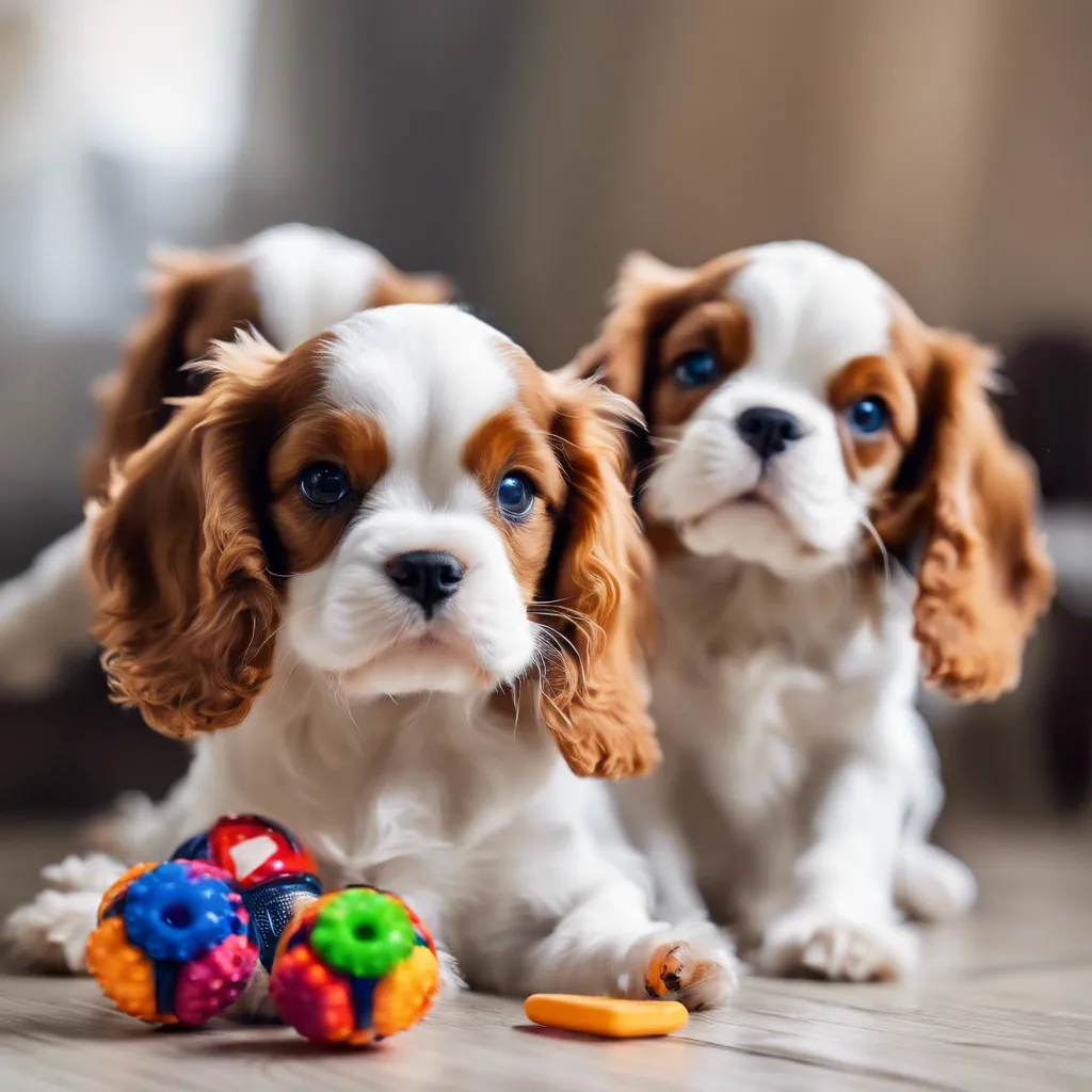 A curious Cavalier King Charles Spaniel looking playfully at a red ball