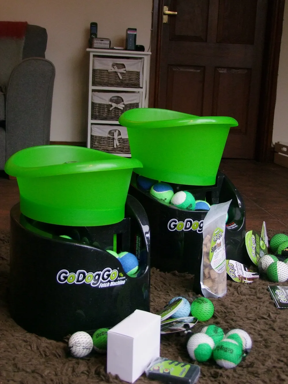 A curious Rottweiler named Mia inspecting the GoDogGo G4 automatic dog ball thrower after unboxing