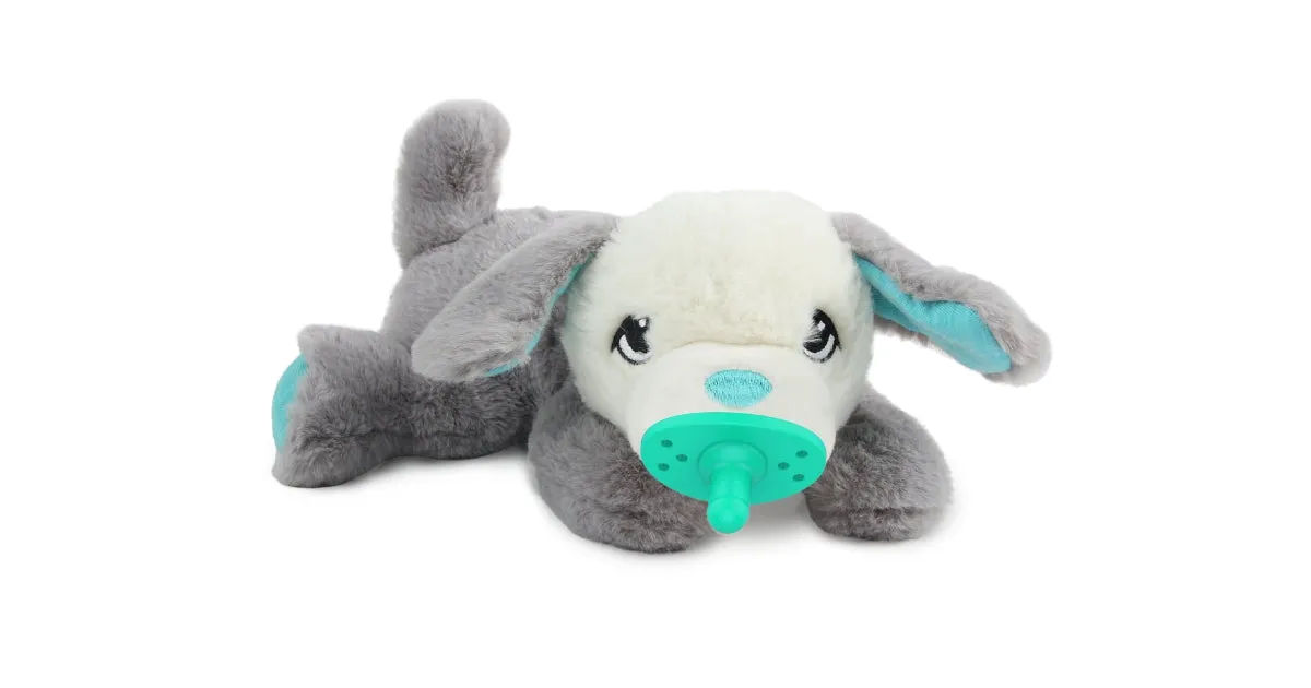 A cute puppy comfort teddy designed with a heartbeat and warmth feature, complete with a chewable pacifier for sleeping.
