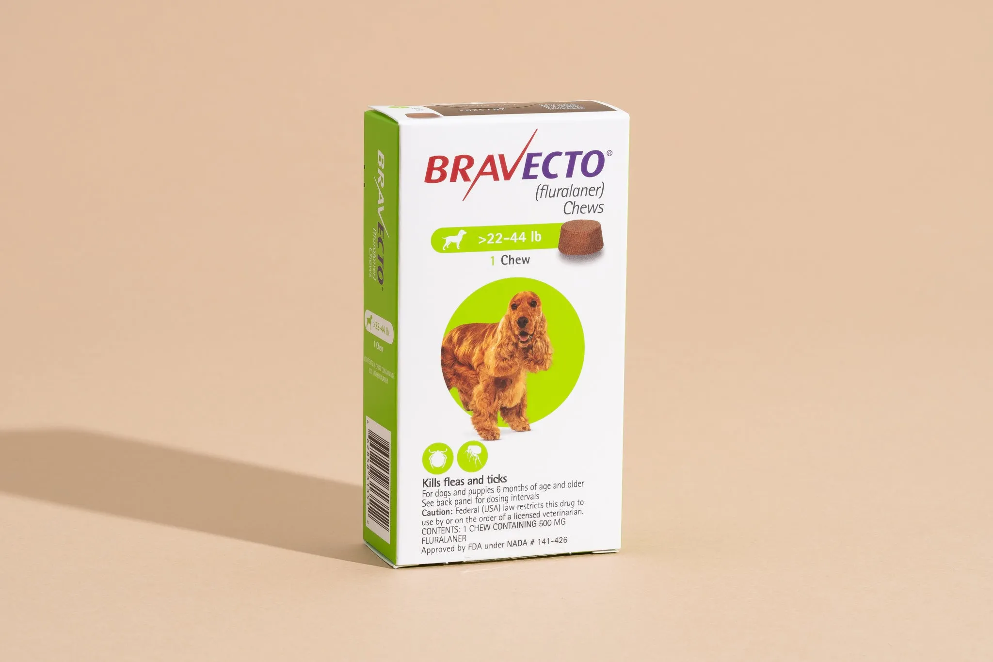 A distinct blue and green box for Bravecto Chew for Dogs, highlighting its extended protection period.
