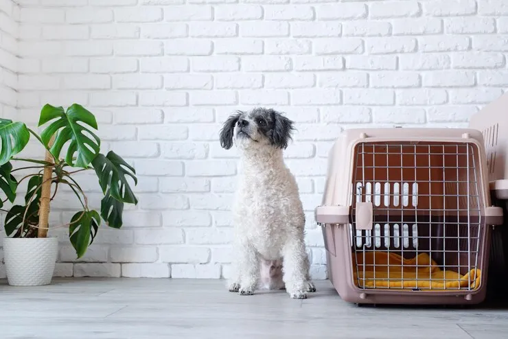 A dog sitting calmly next to a portable pet carrier, looking comfortable.