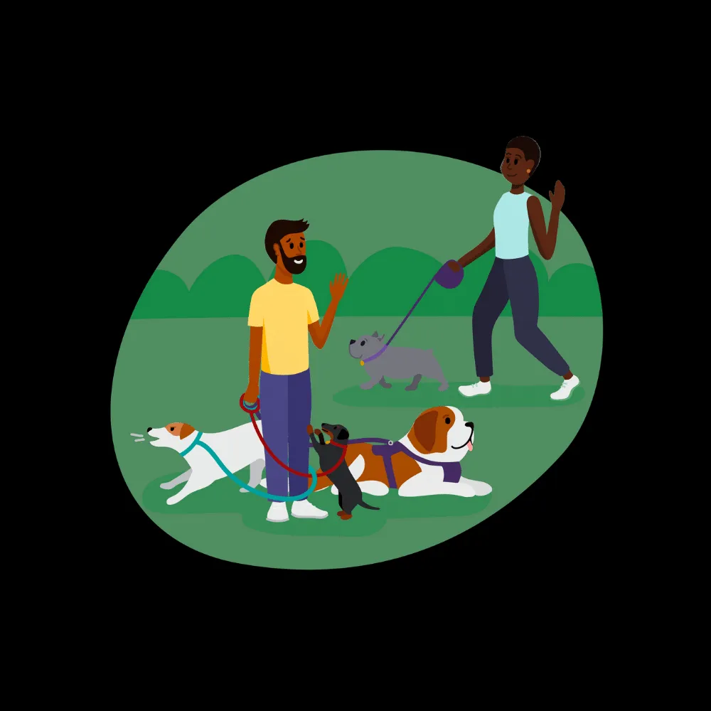 A dog walker handing a leash to a client, representing the professional client-dog walker relationship and contract signing