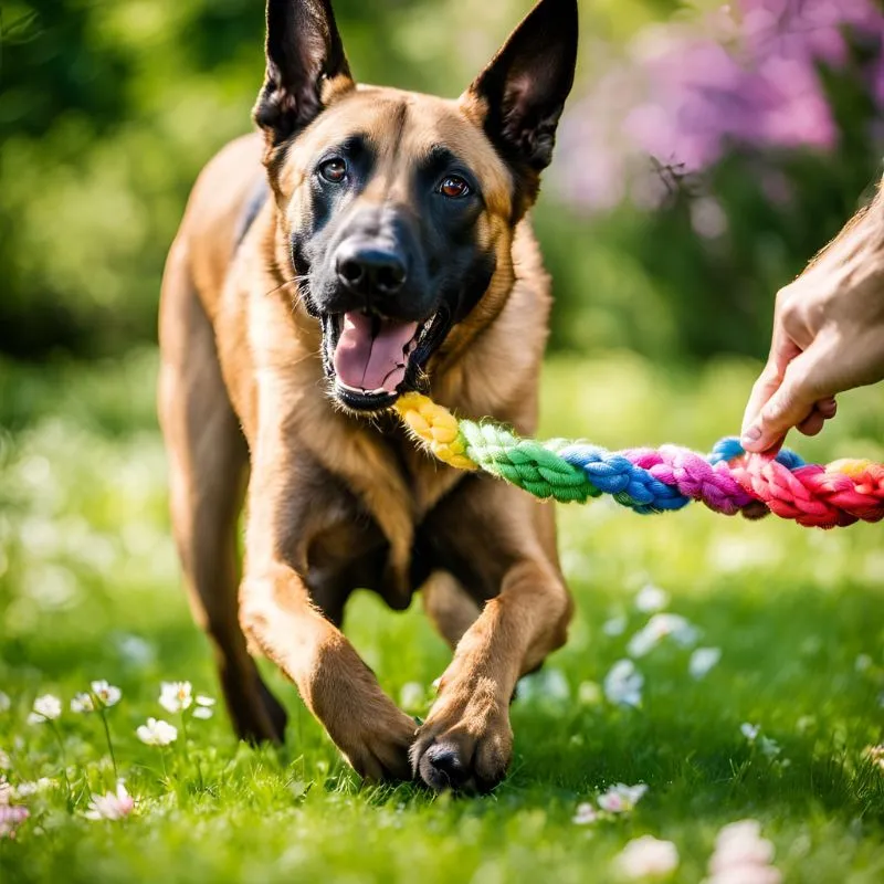 A energetic Belgian Malinois puppy leaping to catch a durable fetch toy, highlighting the need for robust and stimulating puppy toys.