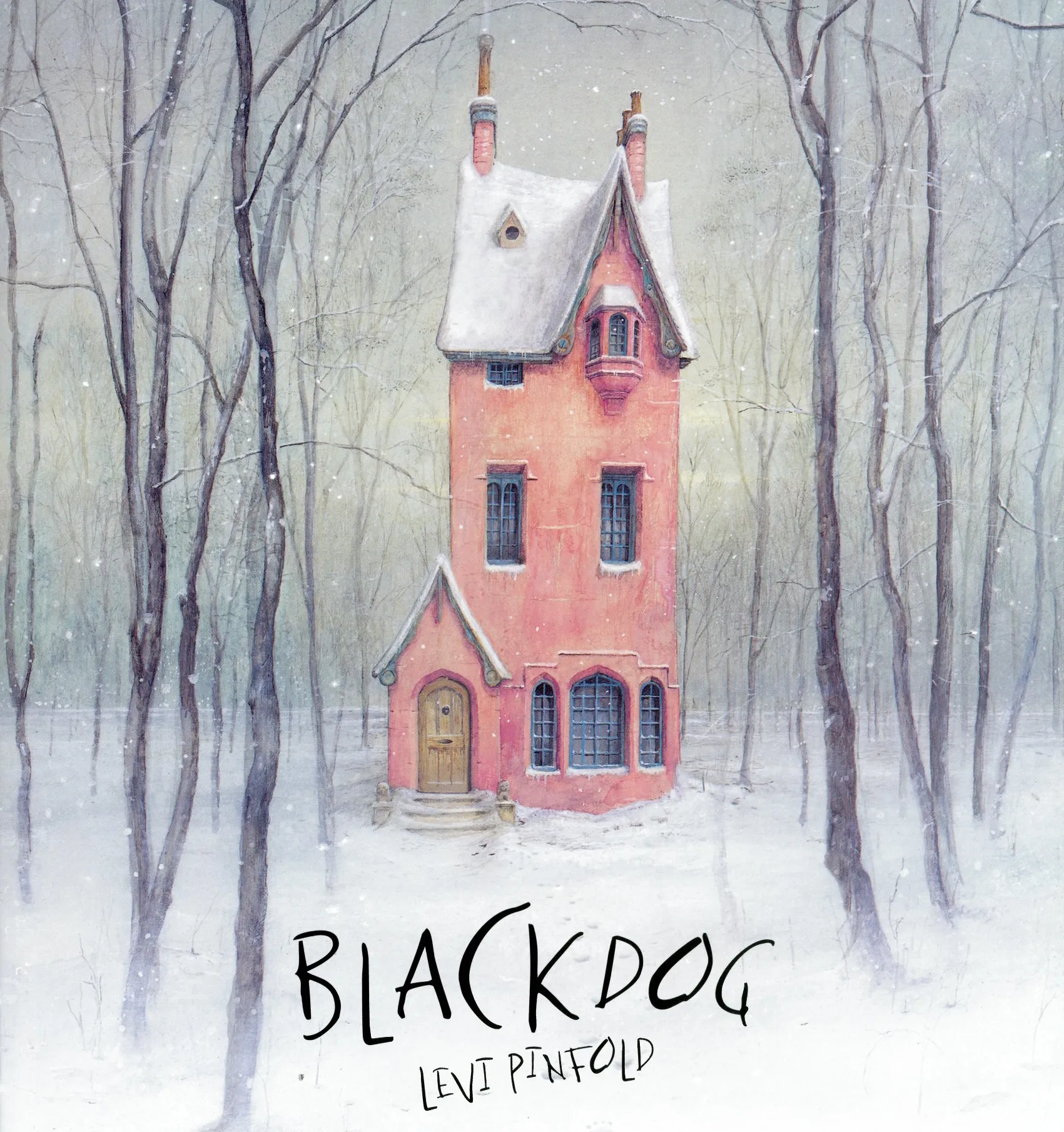 A family observes a large black dog outside their crooked house.