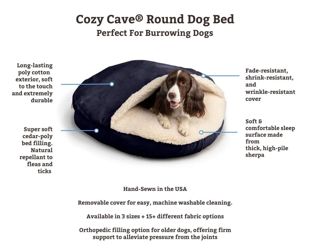 A happy dog comfortably sleeping in a gray hooded cozy cave dog bed, illustrating its snug design.