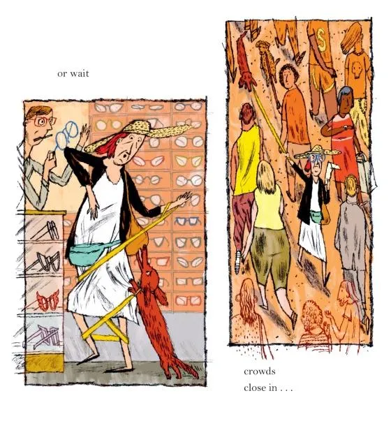 A heartwarming illustration from the "Hot Dog" picture book depicting a contented small dog relaxing on a tranquil beach with its caring human companion.