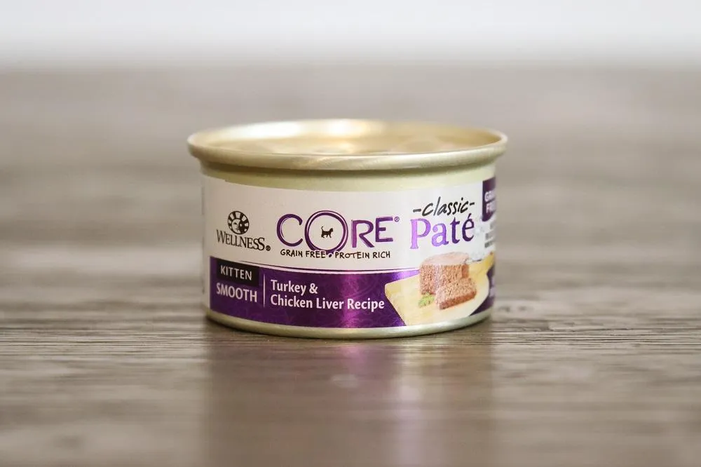 A kitten enjoying a meal of Wellness CORE Turkey &amp; Chicken Liver Recipe Smooth Classic Pate