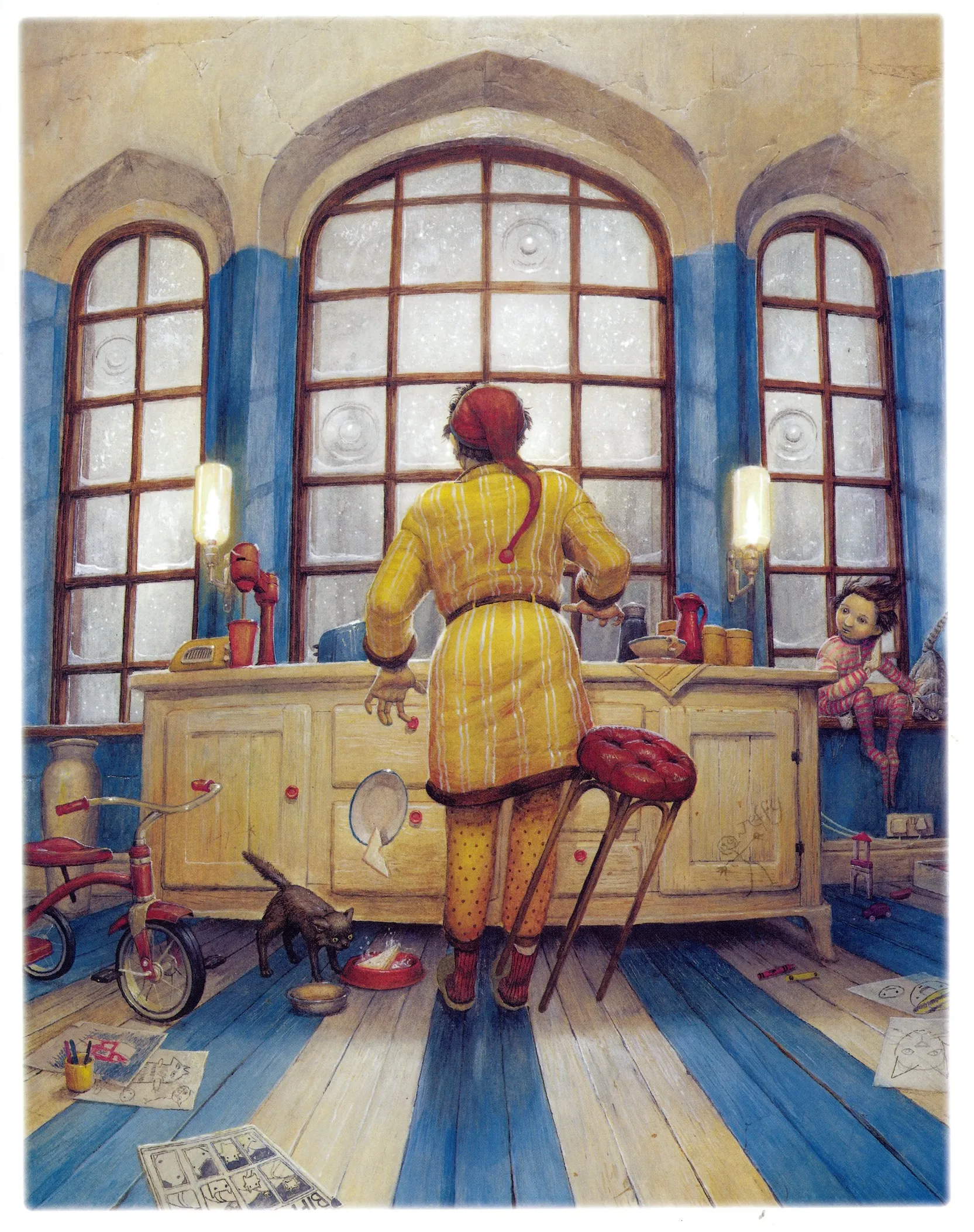 A large black dog looms outside a crooked house, its size emphasized by the worried family members.