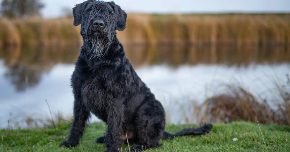 A majestic black Giant Schnauzer stands poised next to a tranquil lake.