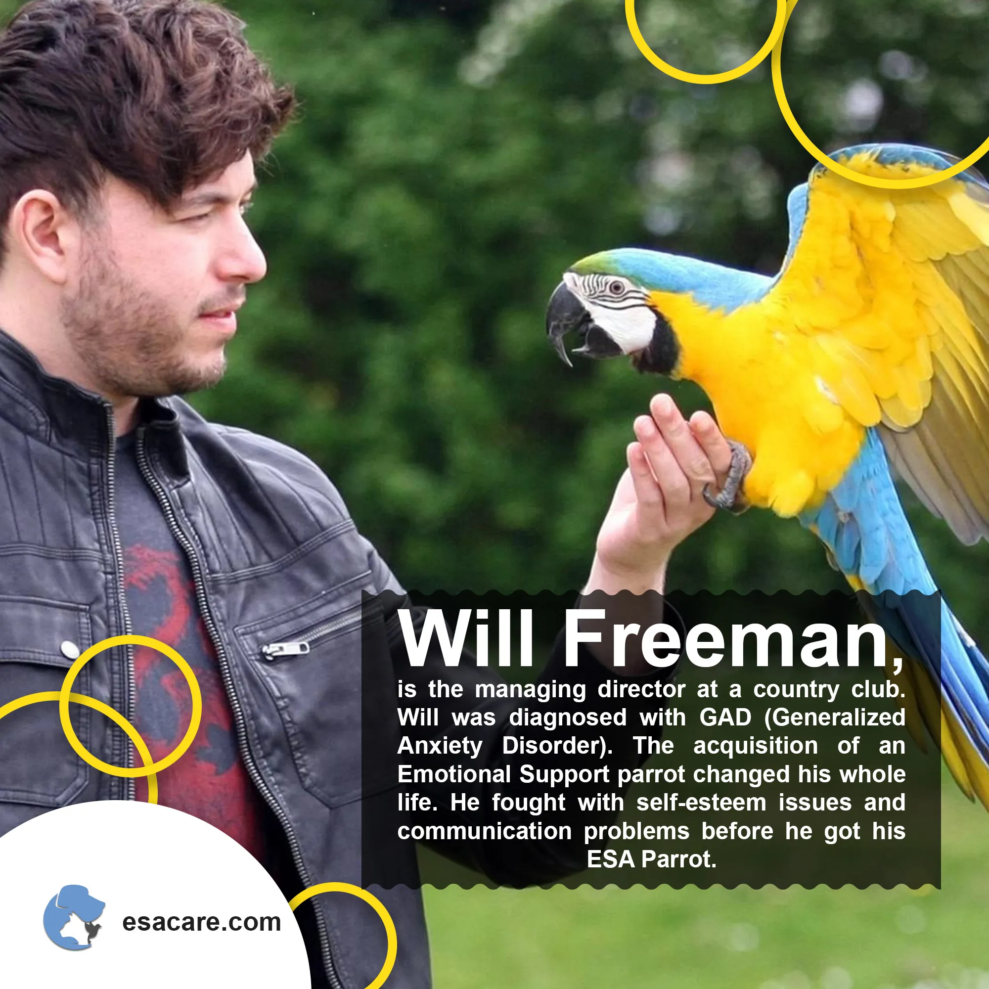 A man with a parrot perched on his shoulder, symbolizing a deep bond and companionship.