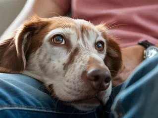 A peaceful senior dog resting comfortably on a person's lap, showcasing the deep bond with an adopted elderly pet.