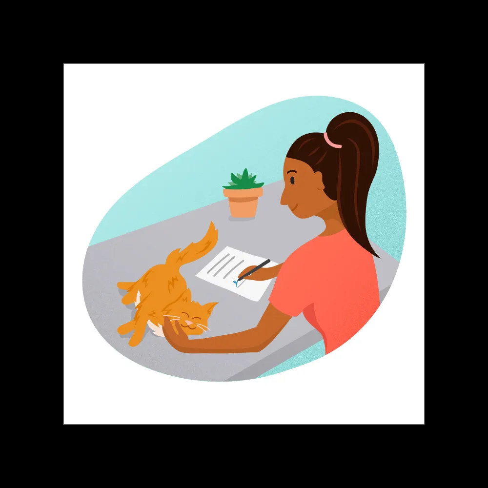 A person reviewing a service agreement document on a tablet with a dog nearby, symbolizing the legal aspects of pet care business.