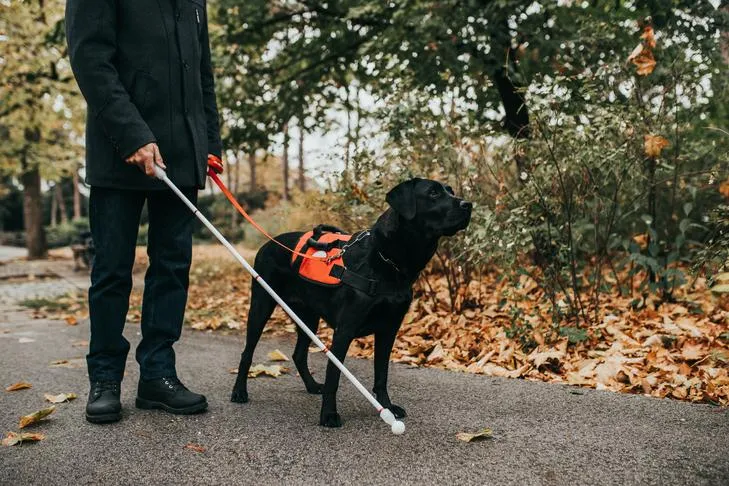 A person sitting in a wheelchair with a yellow Labrador Retriever service dog attentively looking up at them.
