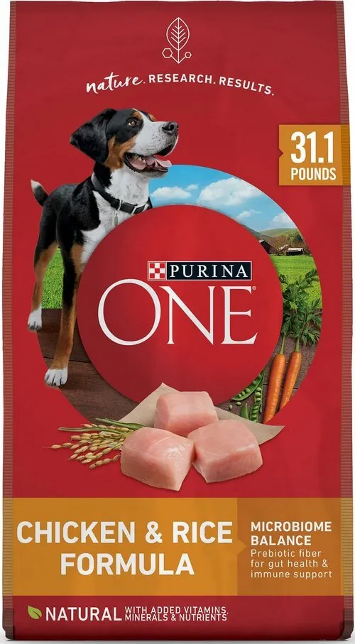 A puppy looking curiously at a bowl of Purina ONE puppy food