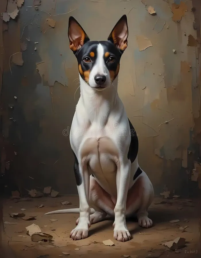 A Rat Terrier dog sitting alertly on a rustic, cracked floor, textured aged wall, waiting for his master.