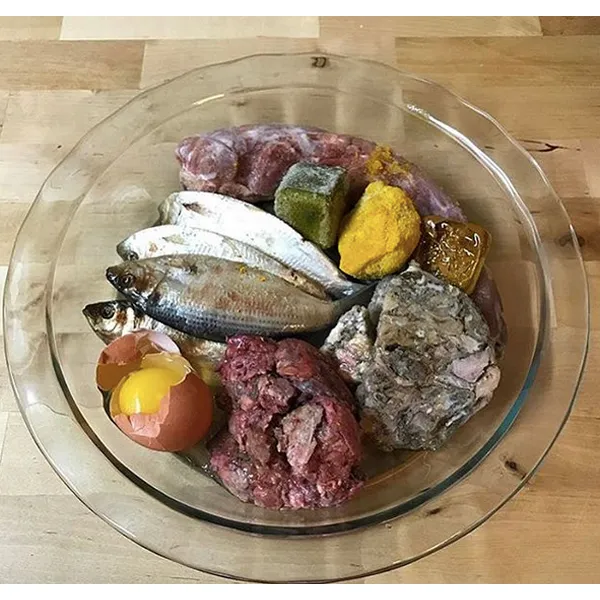 A raw food meal for a French Bulldog with various meats and supplements