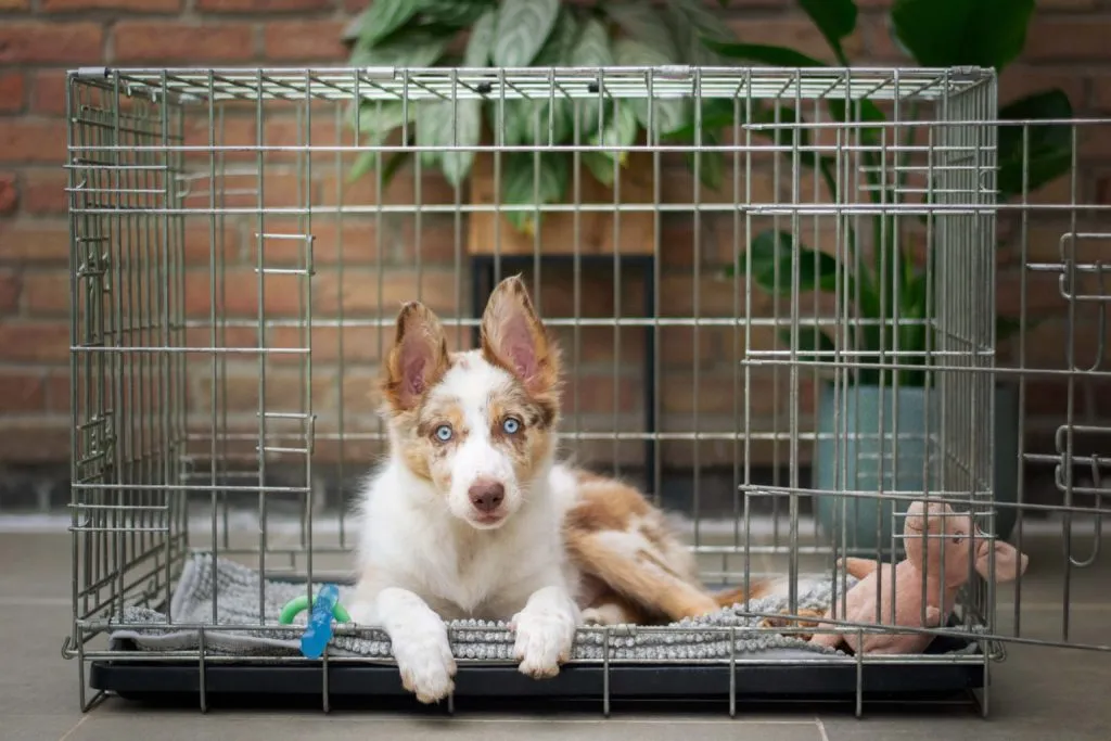 A schedule diagram illustrating recommended crate time, play, and potty breaks for an 8-week-old puppy