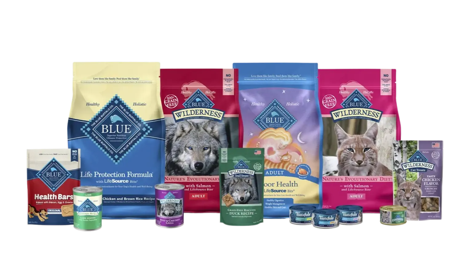 A selection of Blue Buffalo dog food bags, highlighting the brand's diverse product range and quality ingredients as seen on Dog Food Advisor